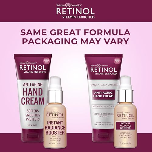 Retinol Anti-Aging Hand Cream - Conditions & Protects Skin, Nails & Cuticles + Retinol Instant Radiance Booster - Provides A Burst of Anti-Aging Hydration and Luminosity