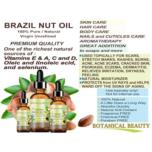 Botanical Beauty Organic BRAZIL NUT OIL Bertholletia Excelsa WILD GROWTH RAW Brazilian 100% Pure Natural Virgin Unrefined for FACE, SKIN, BODY, HAIR, NAILS, FOOT CARE (1 Fl Oz 30 ml)