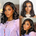 LUVME 12 Inch Layered Wavy Human Hair Bob Wig - Natural Black, Glueless HD Lace Short Wig