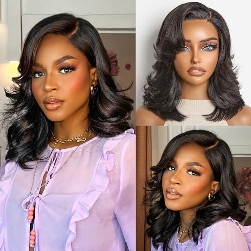 LUVME 12 Inch Layered Wavy Human Hair Bob Wig - Natural Black, Glueless HD Lace Short Wig