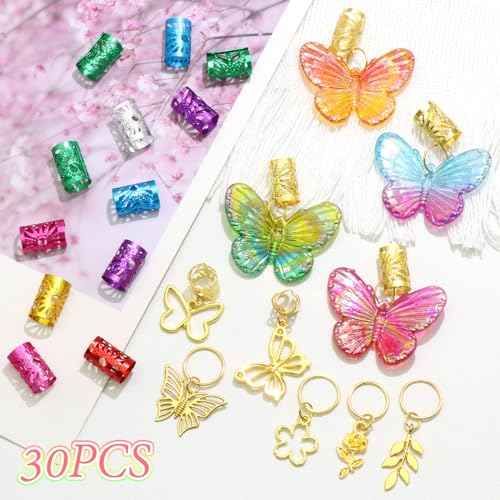 NAISKA 30Pcs Colorful Butterfly Charm for Braid Clips Gold Hair Jewelry Loc Dreadlock Accessories Flower Braid Charms Hair Cuffs Coils Rings Loc Jewelry Gifts for Women and Teen Girls