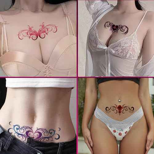 24 Sheets Sexy Belly Temporary Tattoos Black Red Heart Navel Waterproof Tattoo Stickers Bust Stomach Waist Back Fake Body Tattoos for Women Girls