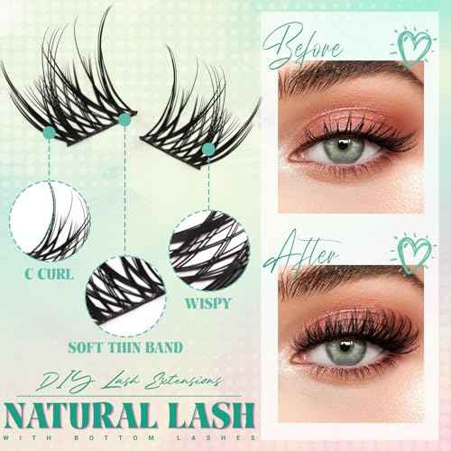 Wispy Lash Clusters 146pcs Natural Lashes Clusters with Bottom Lashes 6-16mm Lightweight Individual Eyelashes Soft Eyelashes Cluster with Thin Band DIY Natural Look Lash Extensions (Lilac)