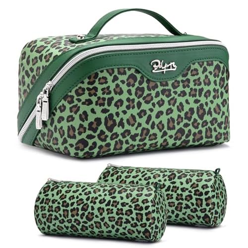 BOYATU Travel Makeup Bags for Women: 3 Pcs Set Large Capacity Leopard Print Cosmetic Organizer Case Carry Your Wild Side - Detachable Toiletry Bag for Full-sized Skincare Bottles (09-Green)