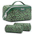 BOYATU Travel Makeup Bags for Women: 3 Pcs Set Large Capacity Leopard Print Cosmetic Organizer Case Carry Your Wild Side - Detachable Toiletry Bag for Full-sized Skincare Bottles (09-Green)