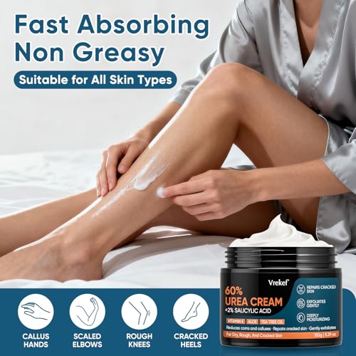 VREKEF Urea Cream 60% with 2% Salicylic Acid - Deep Hydration Foot Cream for Dry Cracked Heels & Calluses, 5.29 oz