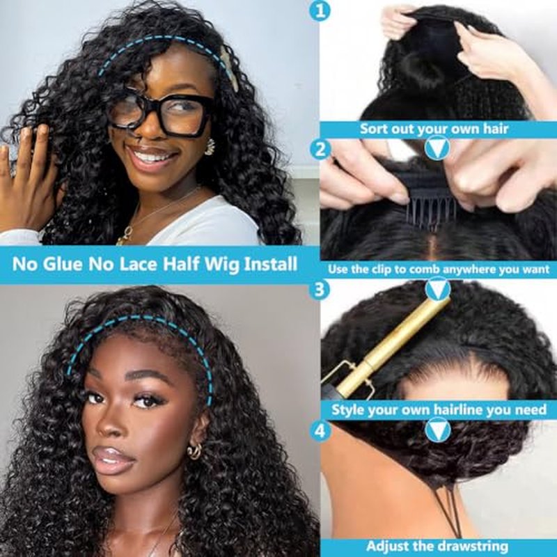 24" Water Wave Half Wig Human Hair 200% Density Glueless