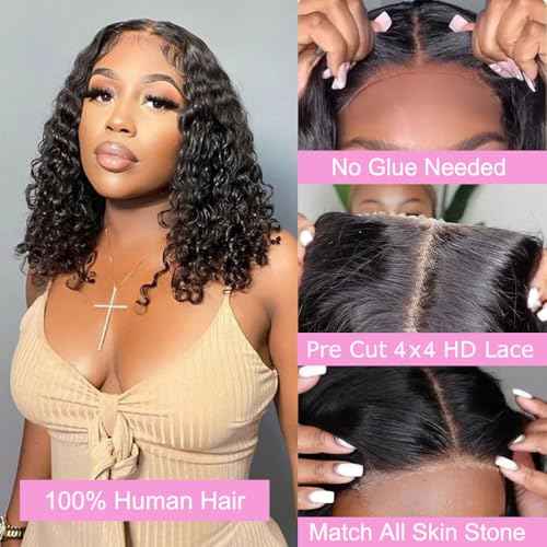 Curly Bob Wig Human Hair Water Wave 4x4 Lace Closure Glueless Wear and Go Bob Curly Wigs Pre Plucked Pre Cut Short Bob Wig Curly Human Hair Natural Hairline for Beginner Friendly 12 Inch