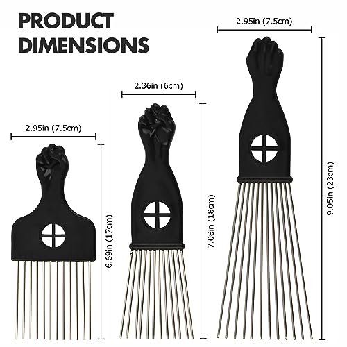 3-Piece Stainless Steel Afro Hair Pick Set with Fist Design for Natural Curly Hair
