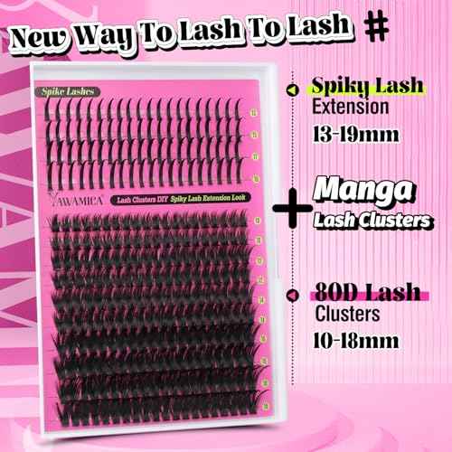 Yawamica 80D Wispy Lash Clusters 10-18mm with Spike Individual Lashes 13-19mm DIY Manga Lashes Clusters Volume Eyelash Clusters D Curly Cluster Eyelash Extensions Fairy Cluster Eyelashes 280pcs