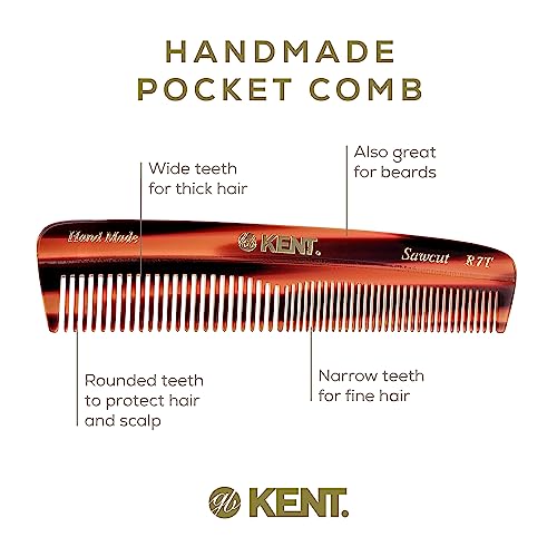 Kent R7T Double Tooth Hair Pocket Comb, Small Coarse/Wide Comb for Hair, Beard, and Mustache Grooming for Men, Women, and Kids - Saw Cut, Hand Polished, Handmade in England