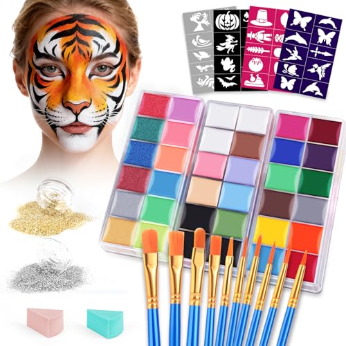 VESPRO Professional Face Painting Kit - 32 Colors, 10 Brushes & Stencils