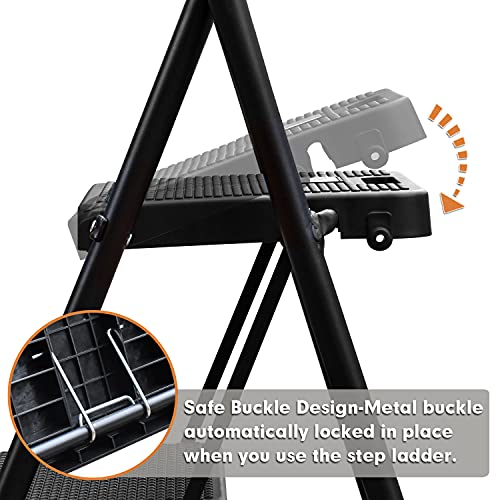 HBTower 2 Step Ladder, Folding Step Stool with Wide Anti-Slip Pedal, Sturdy Steel Ladder, Convenient Handgrip, Lightweight 500lbs Portable Steel Step Stool, Black