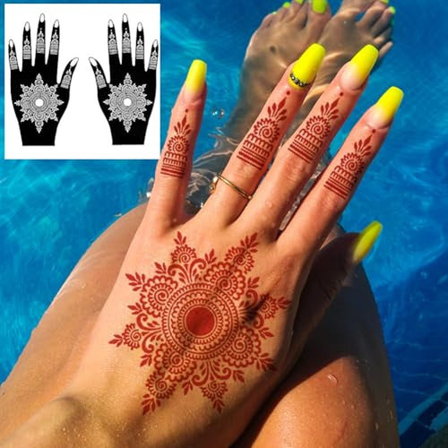 12 Sheets Henna Tattoo Stencil Kit for Hands, Indian Arabian Temporary Tattoo Template Self Adhesive Mehndi Stencil Stickers for Women Girls£¨8.2" x 4.7"£©