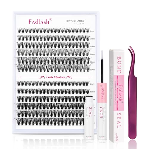 FADLASH Eyelash Extension Kit Lash Clusters Mix Tray Thin Band DIY Lash Extension Kit with Lash Bond and Seal Lash Tweezers Eyelash Applicator Tool Individual Lashes(F2-0.07D-15-20mm Kit)