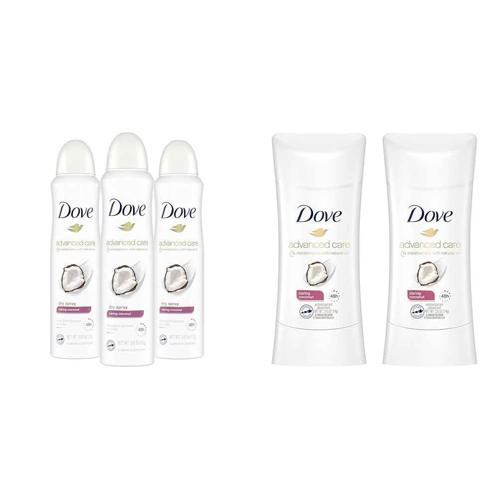Dove Advanced Care Dry Spray Antiperspirant Deodorant Caring Coconut 3 Count & Dove Advanced Care Antiperspirant Caring Coconut, Deodorant Stick for Women