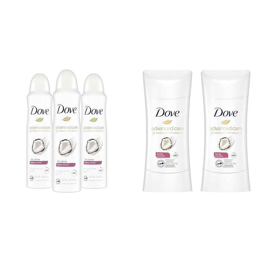 Dove Advanced Care Dry Spray Antiperspirant Deodorant Caring Coconut 3 Count & Dove Advanced Care Antiperspirant Caring Coconut, Deodorant Stick for Women