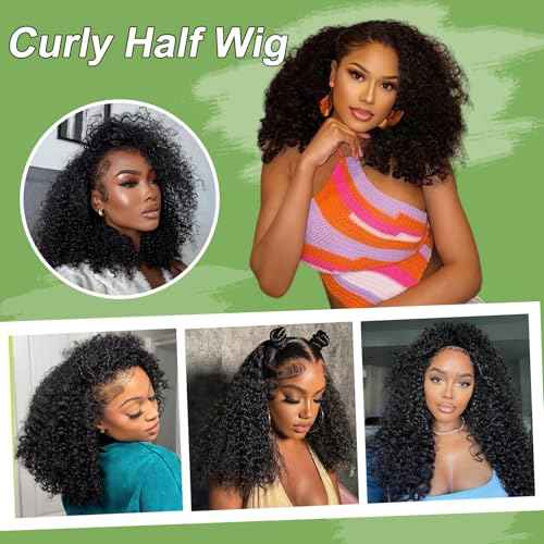 Kinky Curly Half Wig Human Hair 200 Density Wear Go Glueless Wigs Human Hair 3 In 1 Seamless Flip Half Wigs for Women 24 Inch Drawstring Curly Headband Wig Human Hair Beginner Friendly
