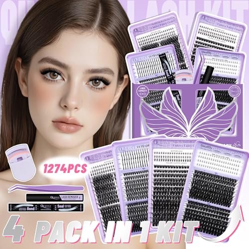 DIY Cluster Eyelash Extension Kit - 1274Pcs with Bond, Remover & Tools