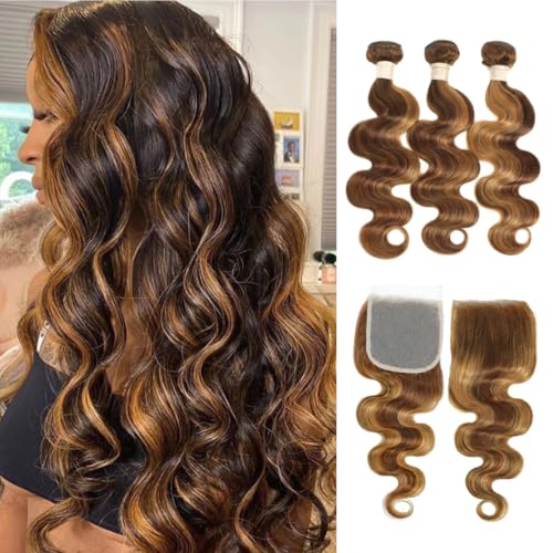 4/27 Honey Blonde Body Wave Hair Bundles + 4x4 Closure