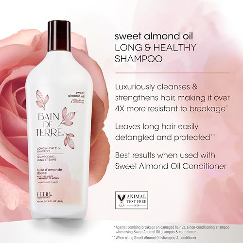 Bain de Terre Sweet Almond Oil Long & Healthy Shampoo, Strength & Protection for Weak, Damaged Hair, with Argan & Monoi Oils, Paraben-Free, Color-Safe, Vegan