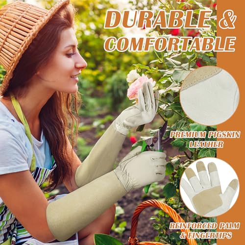 HANDLANDY Rose Gloves for Men & Women, Long Leather Gardening Gloves Thorn Proof, Best Garden Gifts & Tools for Gardener (Yellow-beige, Large (Pack of 1))