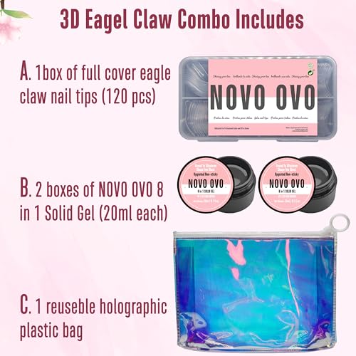 NOVO OVO 3D Eagle Claw nails kit, 1 Full Cover Curved Stiletto Nail tips (120pcs) with 2 Solid Sulpture Gel Glue (20ml each), to Make Press on x Extension Acrylic Hawk Raptor Sharp Fake Cosplay Nails