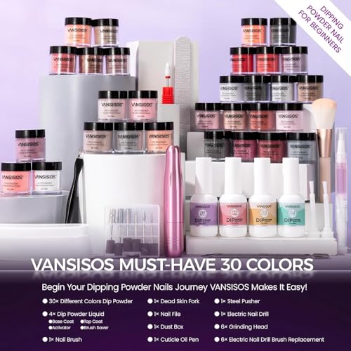 Dip Powder Nail Kit with Everything: 30 Colors Nail Dip Powder Set with Top & Base Coat Activator Brush Saver with Nail Drill for DIY At Home Salon