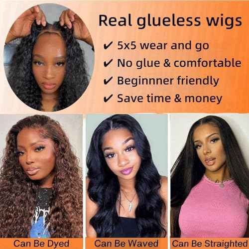 ONICE Glueless Wigs Human Hair Pre Plucked 5x5 HD Lace Closure Human Hair Wigs For Black Women 5x5 Curly Human Hair Wig Glueless Wear And Go Deep Wave Wig (Natural Black,18Inch)
