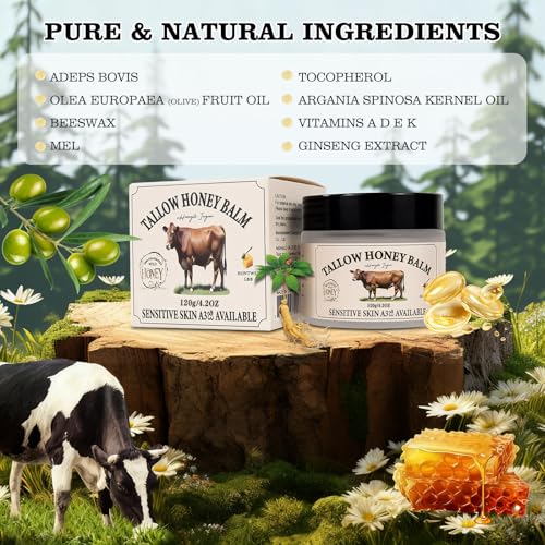 Beef Tallow for Skin, Tallow and Honey Balm Tallow Face Moisturizer with Ginseng Extract, Pure Beef Tallow Balm Blend of Vitamins Grass Fed Beef Tallow Hydrates and Nourishes the Skin