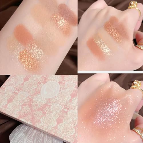 Lace 12 Color Eyeshadow Palette, Blendable Shimmer and Matte Nudes Shades, All In One Makeup Blush Highlighter, Pink