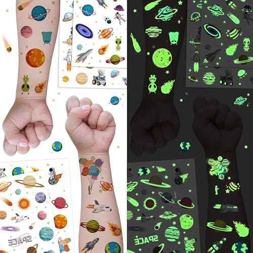 Temporary Fake Space Planets Glow In The Dark Tattoos For Kids, 80+ Pcs Space Astronaut Rocket Ship Alien Party Toys Favors Birthday Decorations For Boys Girls Teens(4 Sheets)