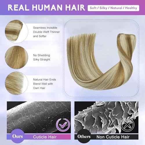 Blonde Clip in Hair Extensions Real Human Hair, 26 Inch 130g Natural Human Hair, Remy Human Hair Extensions Cip ins for Women 8pcs Per Set #16/22 Light Blonde Highlighted Golden Blonde