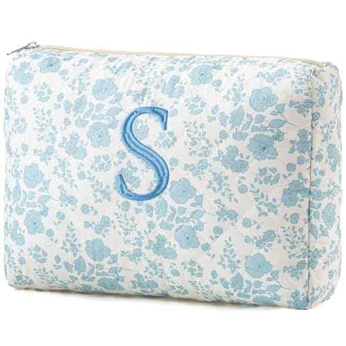 HBselect Initial Quilted Makeup Bag, Cotton Large Travel Makeup Bag, Cute Floral Coquette Make up Bag Cosmetic Bag Toiletry Bag for Women Girls S