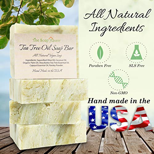 TEA TREE SOAP BAR - 4 Natural Tea Tree Oil Soap Bars for Face, Hand, Foot, Body Wash - Fights Blemishes, Itch, Body Odor. 4 Large 4.5 oz Bars, Handmade in USA with Non-GMO Ingredients