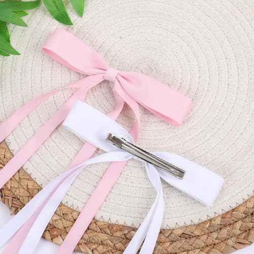 Hair Bows Clips Coquette Ribbon Bowknot with Long Tail Princess Hair Bows French Barrettes Hair Accessories for Women Girls 16PCS (Pink, White)