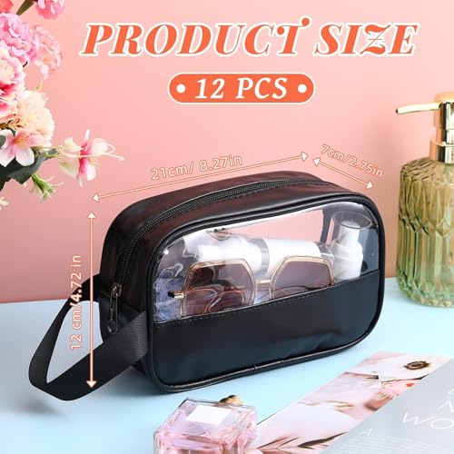 Buryeah 12 Pieces Toiletry Bags Bulk for Women Men Translucent Small Travel Makeup Pouch Portable Waterproof Organizer Set for Accessories Toiletries Gifts for Wedding(Black)