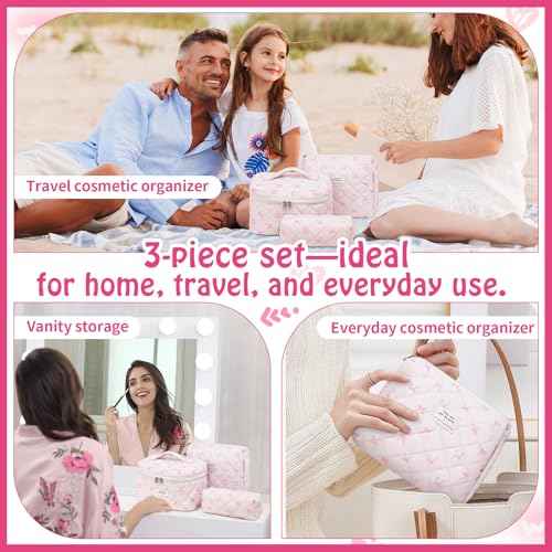 Quilted Makeup Bag, Large Capacity Travel Cosmetic Bag for Women and Girls, Aesthetic Storage for Daily and Travel Use (3PCS-Pink SlimBow)