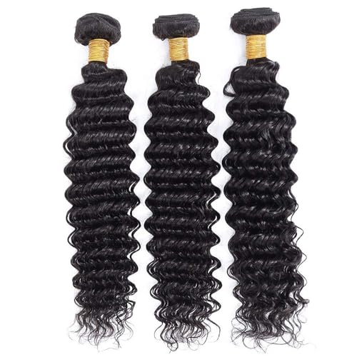 FuivJuix Deep Wave Human Hair Bundles - Brazilian Virgin Hair 30/30/30 Inch, Natural Black, 3-Pack