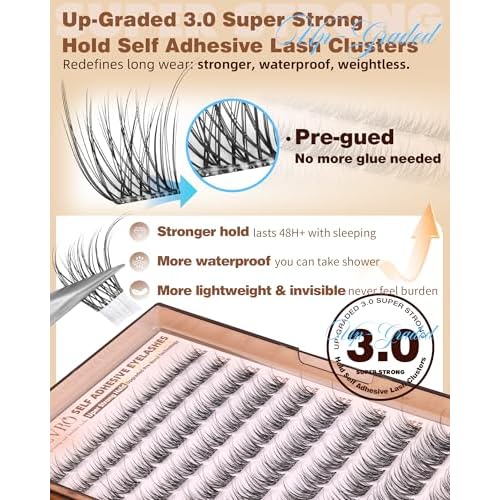 EYDEVRO Natural Self Adhesive Eyelashes Wispy Self Adhesive Lash Clusters No Glue Needed Eyelash Clusters Pre-glued Individual Lashes Up-graded 3.0 Self Adheisive Strip Strong Hold for 48+ Hours