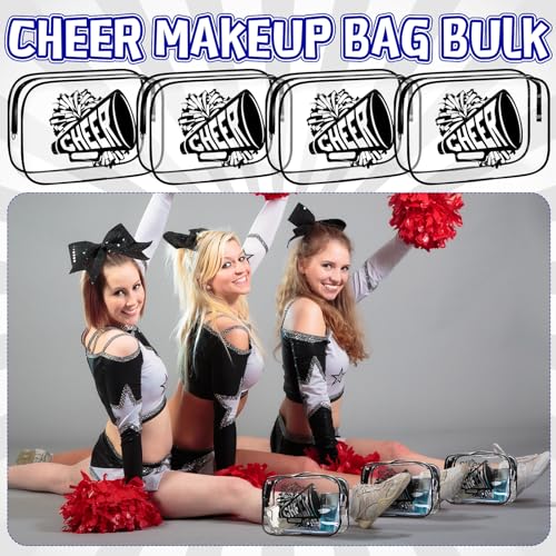 Kacctyen 24 Pcs Cheer Team Gifts Cheer Makeup Bag Bulk for Team Sport Gifts PVC Clear Cosmetic Bag Cheerleader Makeup Case Toiletry Zipper Pouch for Sport Cheerleading, 7x4.7x2.4''(Black)