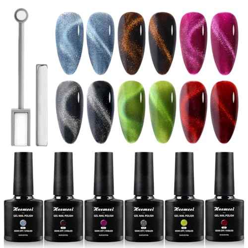 Cat Eye Gel Nail Polish, 6 Colors 8 ml Magnetic Blue Brown Purple Black Green Red Nail Polish Set with Magnetic Stick, Cat Eye Glitter Gel Polish, Spring Summer Magnetic Polish for Nail DIY