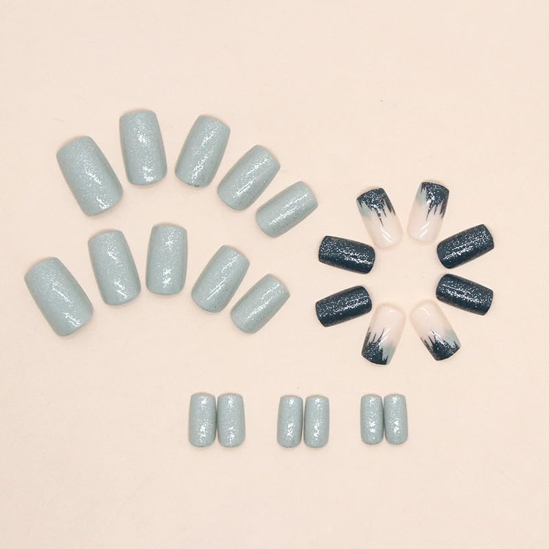 Medium Press on Nails Square Shape Fake Nails Glossy Blue Glue on Nails Art Decorations Cute Short Square Acrylic Nails Full Cover Stick on Nails Kit for Women Girls