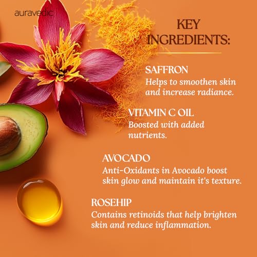 Auravedic Kumkumadi Saffron & Vitamin C Oil | Hydrating Face Moisturizer | Helps Reduce Fine Lines & Nourishes Dry, Dull Skin | Natural Facial Massage Oil | 3.38 Fl Oz (Pack of 2)