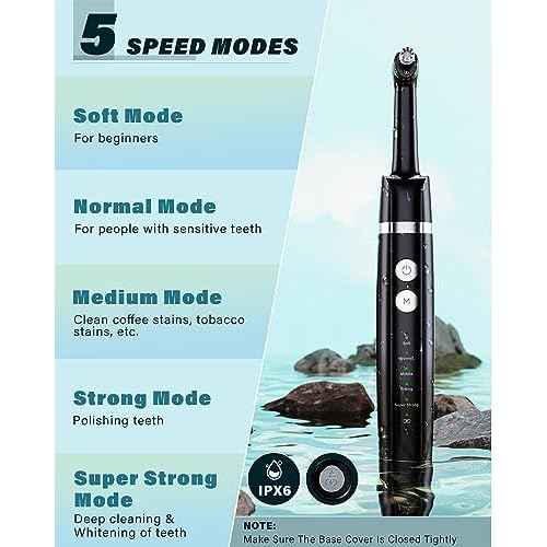 Tooth Polisher, Rechargeable Tooth Whitening Kit for Teeth Cleaning and Whitening, with 3 Tooth Polish Paste and 5 Brush Heads, LED Light, Easy to Use at-Home Personal Dental Care Kit (Black)
