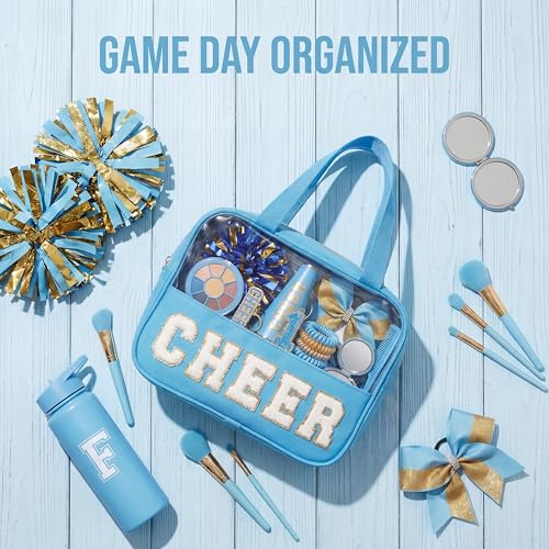 KYTACCU Sky Blue Cheer Makeup Bag with Chenille Letter & Clear Travel Pouch for Girls & Women