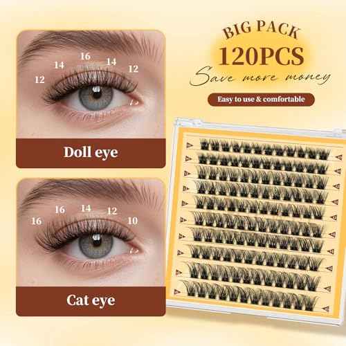 QUEWEL Self-Adhesive-Lash Clusters, 120 Pcs Pre-Glued-Eyelashes Clusters, 10-16MM Strong Hold Self Adhesive Lashes, D Curl Press On Lashes No Glue Needed DIY Lash Extensions at Home(DH-MJ02)