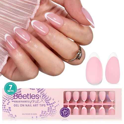 Beetles French Tips Press On Nails: 224 Pcs Pink French Tip Nails Short Almond Fake Nail Tips, Soft Gel Nail False Nails No Need to File DIY Art Design Gifts for Women