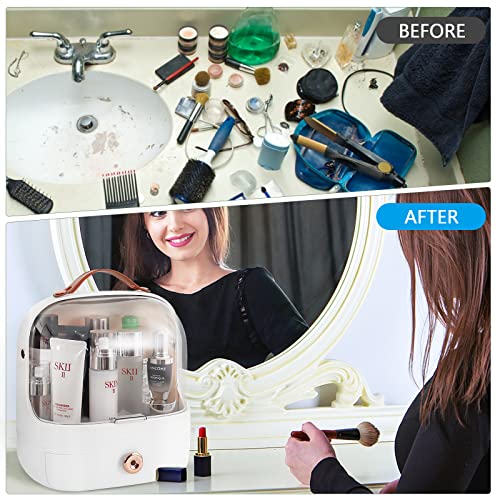 MASSY Egg Shape(Oval) Makeup Storage Box, Countertop Portable Vanity Cosmetics Organizer Preppy Style (Jasmin White)