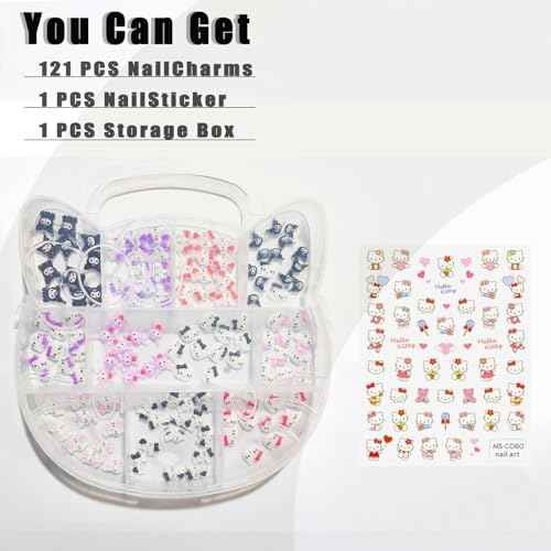 121 PCS Kitty Nail Charms Nail Art Stickers-Kawaii Nail Charms Nail Decorations for Nail Art Supplies 3D Flatback Resin Charms